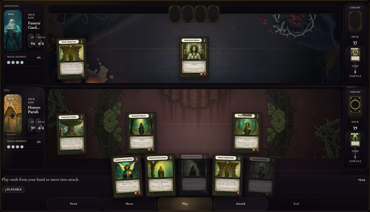 Annotated battlefield layout view showing the opponent lane, player hubs, hand row, deck rail, and action dock.