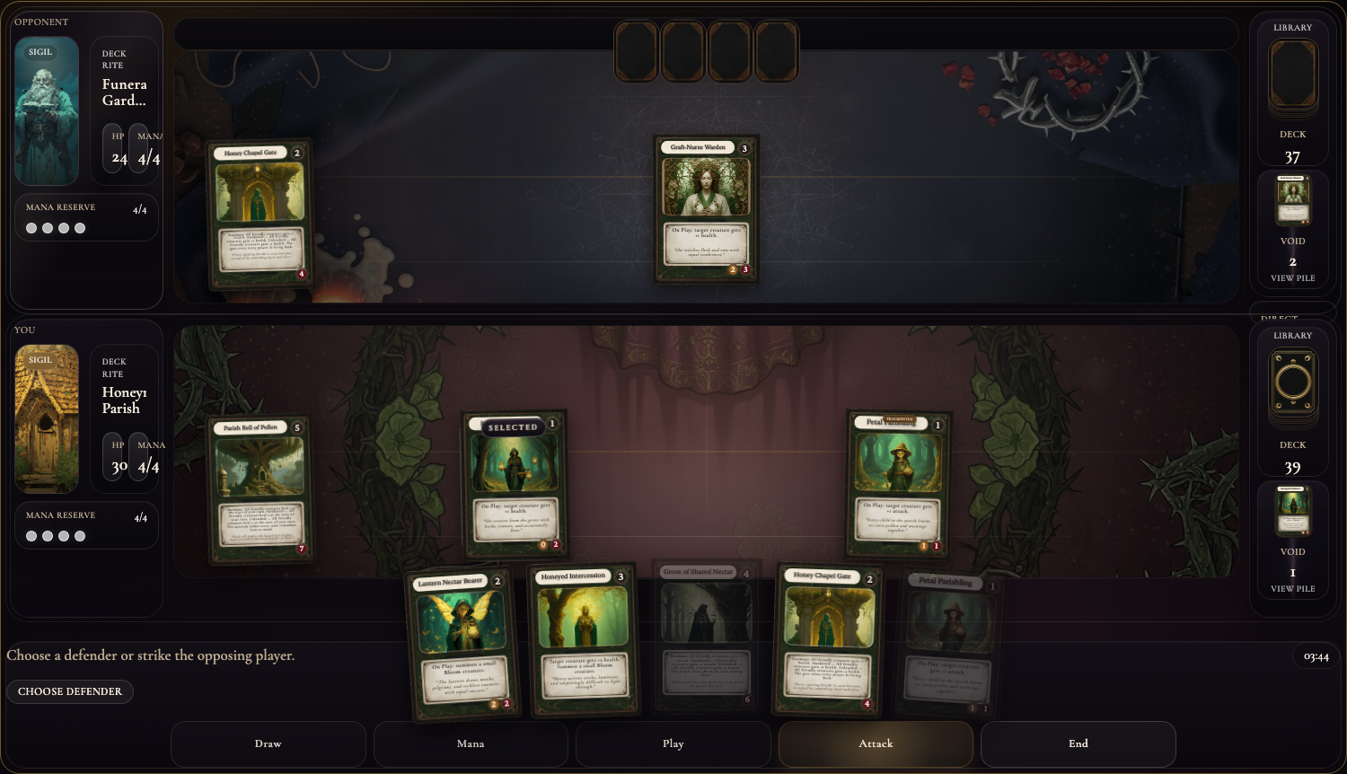 Annotated battlefield targeting view showing the selected attacker, hero target, creature target, monolith target, and choose target state.
